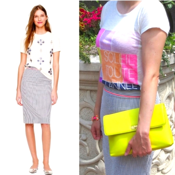 J. Crew Blue Stripe Seersucker Piped Neon Pink Orange No. 2 Pencil Skirt - Picture 1 of 9